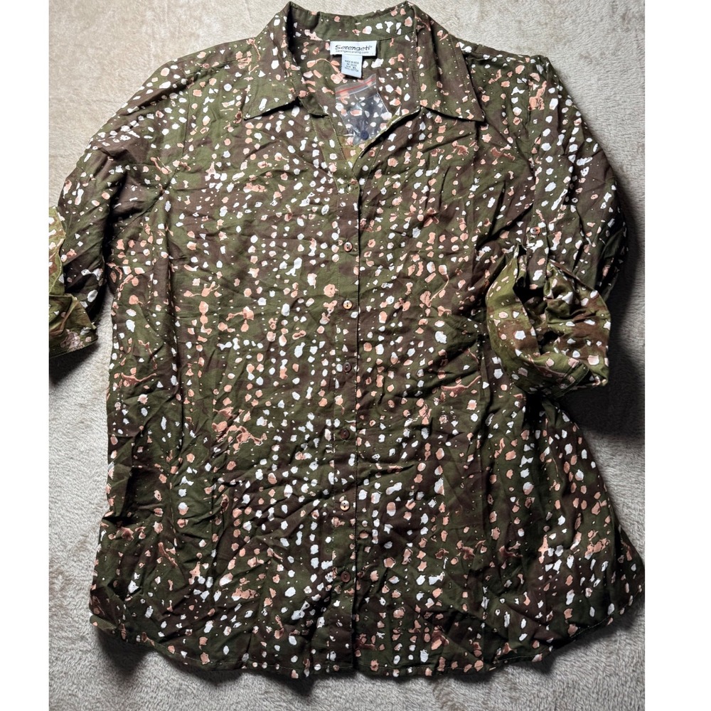 Serengeti Womens Olive Green Abstract Speckled Roll Tab Button Front Shirt XL